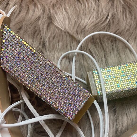 Rhinestones Block Heel Lace Up Ankle Wrap Sandals - Picture 6 of 16